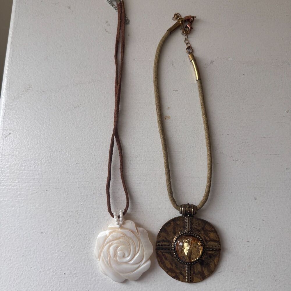 Boho Tribal Medallion and Carved Mother of Pearl  Pendant Necklaces